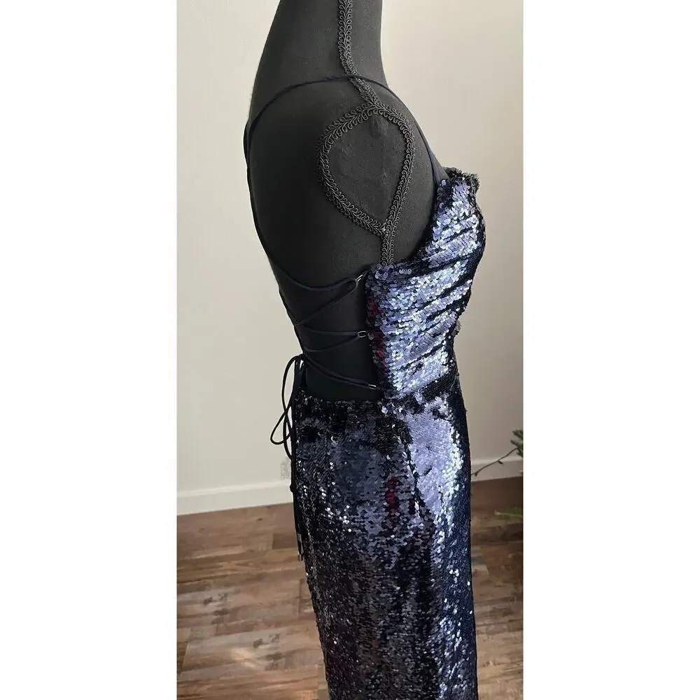 Sabina Musayev Navy Sapphire Open Lace Up Back Midi Lera Sequin Dress
